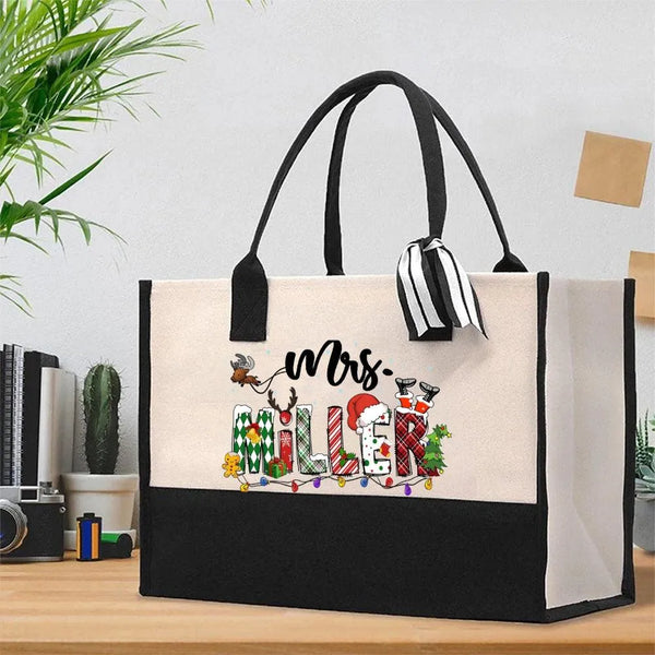 Elk Snowman Gingerbread Cotton Bag, Personalized Christmas Tote Bag, Custom Name Holiday Tote Bag, Festive Reusable Canvas Sh