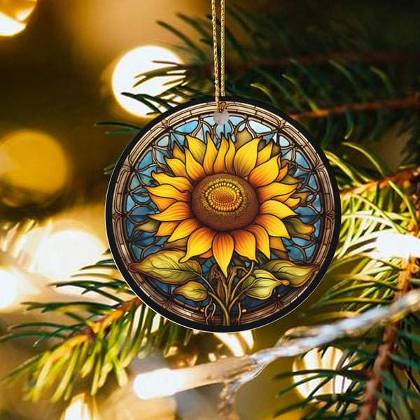Floral Ceramic Christmas Ornament, Stained Glass Sunflower Ornament, Hanging Botanical Tree Decor, Keepsake Present for Flowe