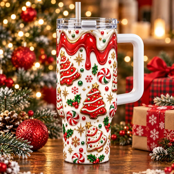 Red Drip Peppermint Holiday Tumbler, Christmas Cookie Icing Tumbler, Adorable Christmas Tree Cookie Travel Cup, Festive Holid