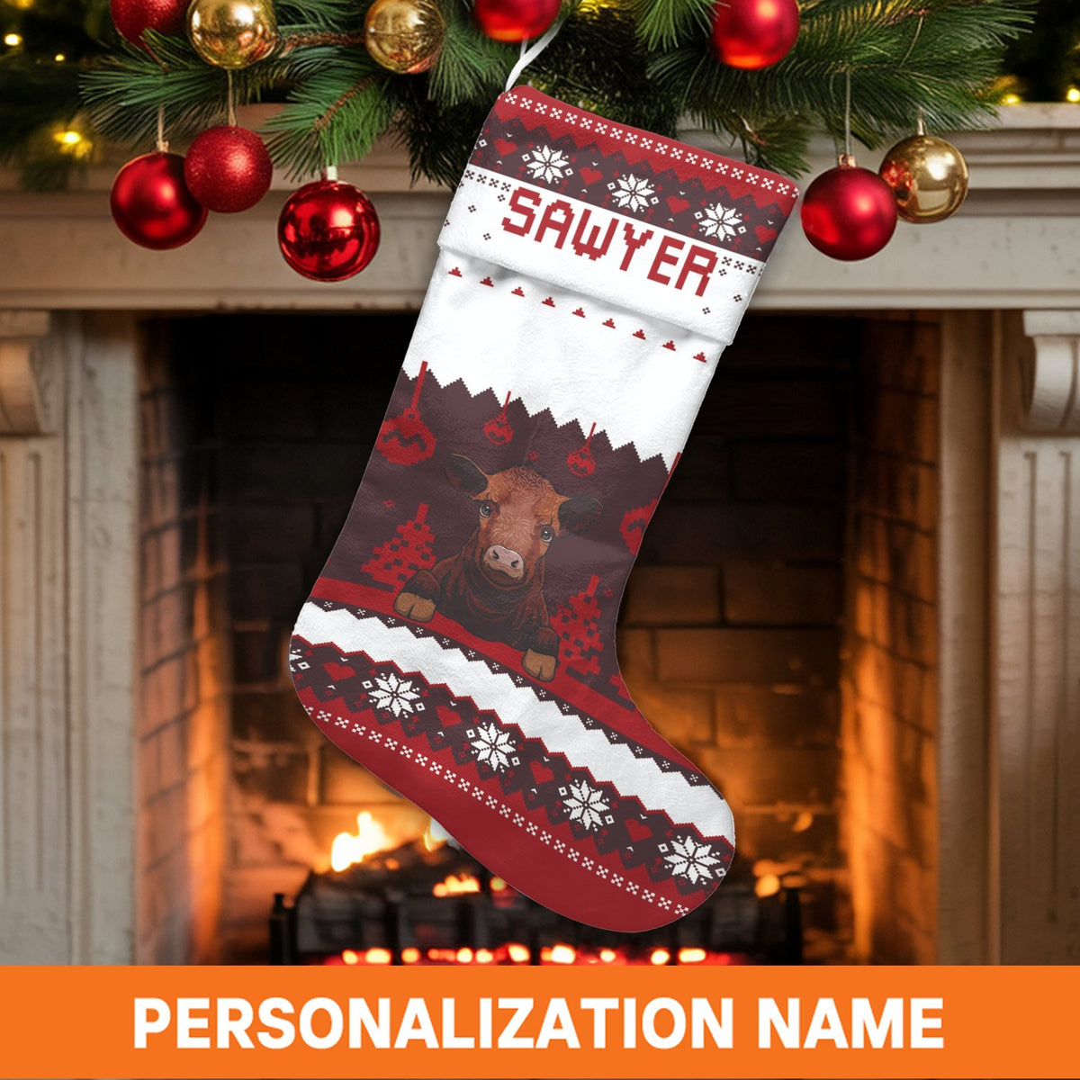 Rustic Farmhouse Holiday Stocking, Personalized Cow Christmas Stocking, Custom Name Cattle Stocking, Western Family Christmas