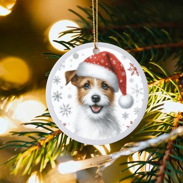Santa Hat Dog Christmas Ornament, Jack Russell Terrier Ceramic Ornament, Adorable Dog Lover Holiday Tree Decor, Festive Pet K