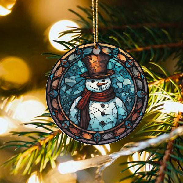 Festive Winter Ceramic Ornament, Stained Glass Snowman Ornament, Colorful Snowman Christmas Tree Ornament, Adorable Holiday K