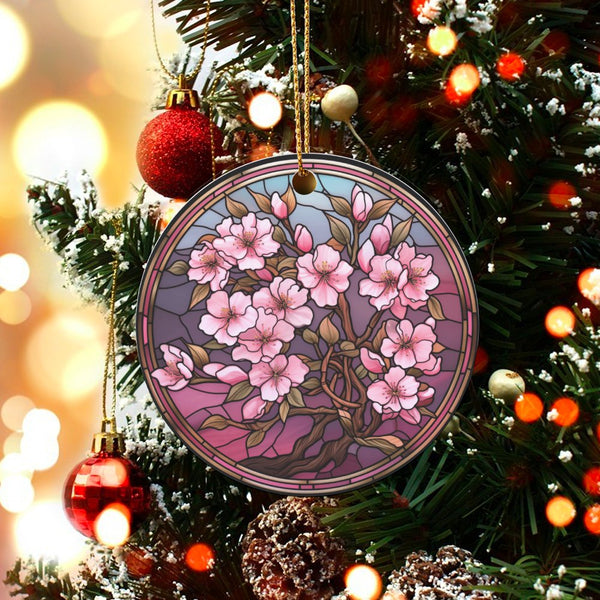 Floral Art Christmas Ornament, Stained Glass Cherry Blossom Ceramic Ornament, Elegant Botanical Tree Ornament, Nature Lover P