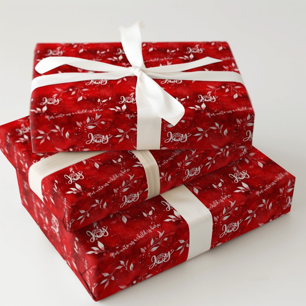 Christian Christmas Gift Wrap, Nativity Scene Joy Wrapping Paper, Crimson Red Religious Holiday Paper, Joy Gift Wrapping Pape