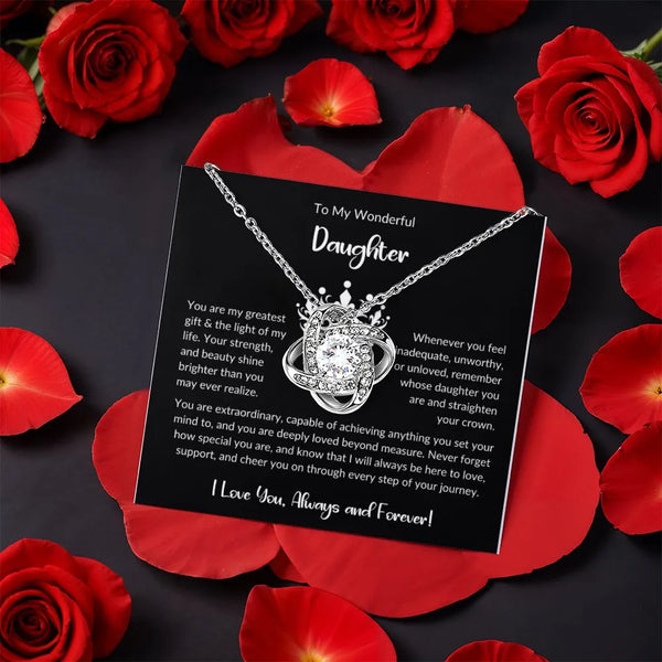 Sparkling CZ Crystal Knot Necklace, Love Knot Necklace for Daughter, Daughter Jewelry with Rose Box, Birthday Present for Her