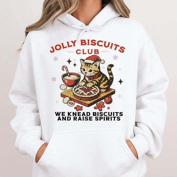 Jolly Biscuits Club Holiday Graphic Hoodie, Christmas Cat Baking Hoodie, Humorous Cat Lover Xmas Pullover, Adorable Kitty Bak