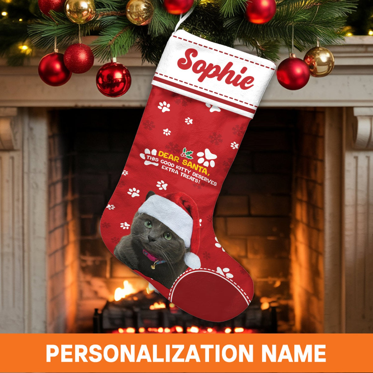 Custom Photo Cat Holiday Stocking, Personalized Cat Christmas Stocking, Pet Lover Christmas Stocking, Adorable Kitten Firepla