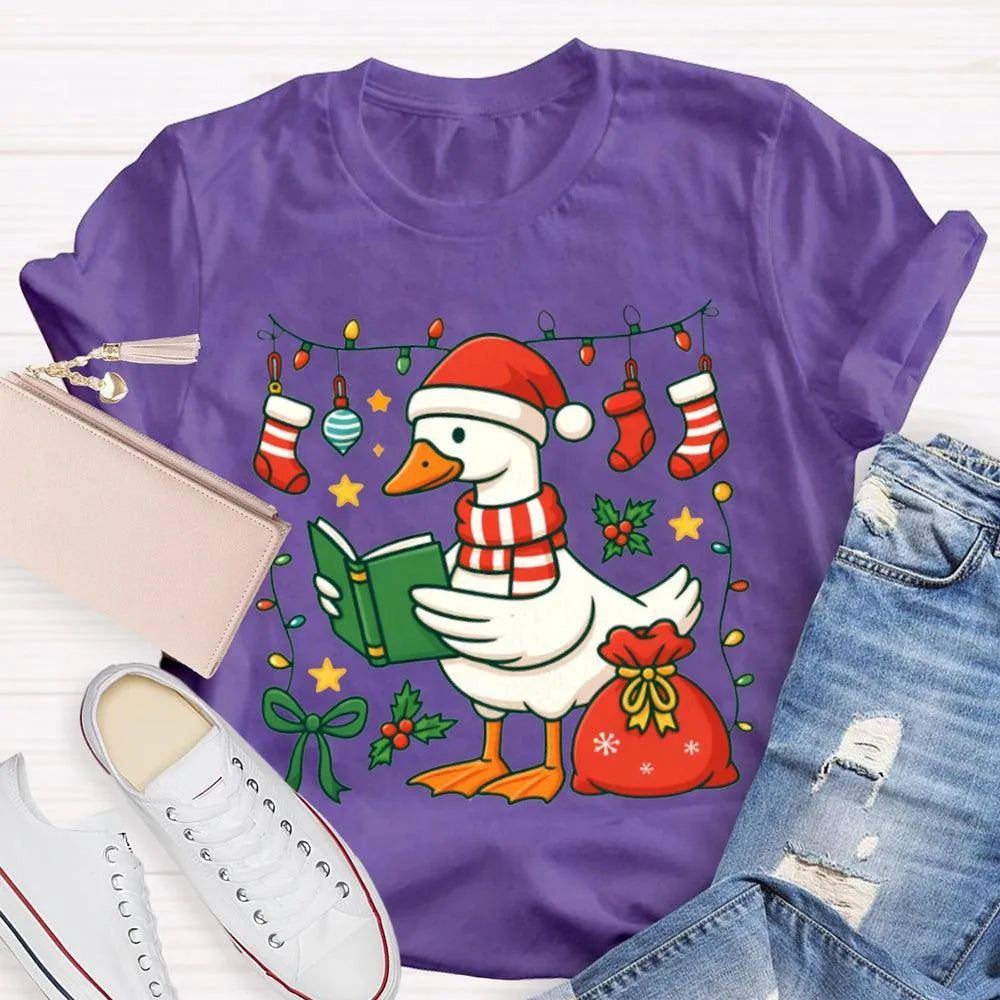 Humorous Holiday Bookworm Goose Shirt, Christmas Goose Reading Book T-Shirt, Adorable Winter Reading Tee, Book Lover Christma
