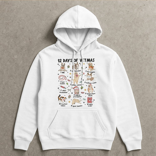 Humorous Vet Tech Christmas Hoodie, 12 Days of Vetmas Hoodie, Veterinary Staff Graphic Sweatshirt, Animal Clinic Holiday Hood