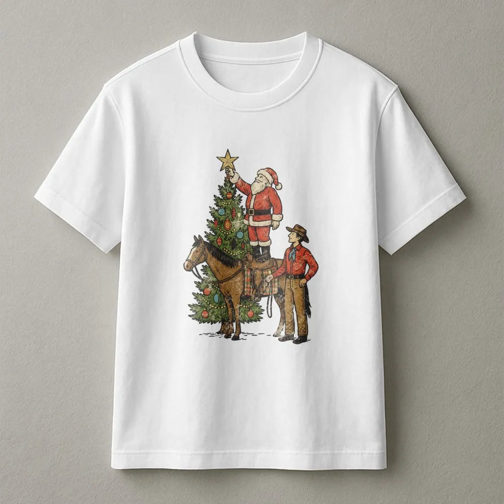 Country Rodeo Santa Riding Horse Tee, Western Christmas Cowboy Santa T-Shirt, Vintage Holiday Graphic Shirt, Cowgirl Christma