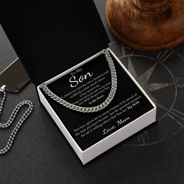 Stainless Steel Cuban Link Necklace, To My Son Cuban Link Chain from Mom, Keepsake Message Card Cuban Chain, Son Birthday or 