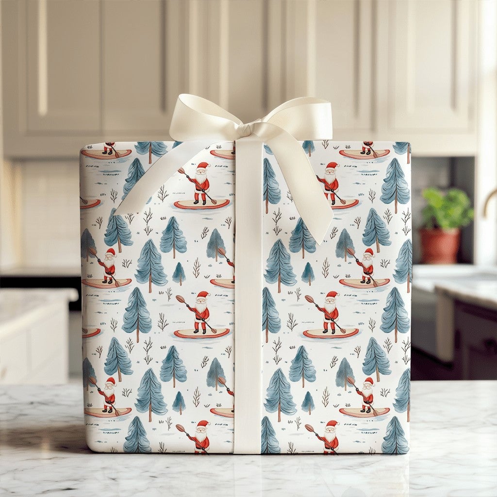 Winter Forest Holiday Gift Wrap, Paddleboarding Santa Wrapping Paper, Outdoor Santa Claus Paper, Christmas Present Wrapping P