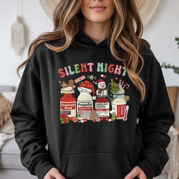 Humorous Medical Christmas Hoodie, Silent Night Medicine Vial Hoodie, Healthcare Worker Hoodie, Adorable Nurse Hooded Sweatsh