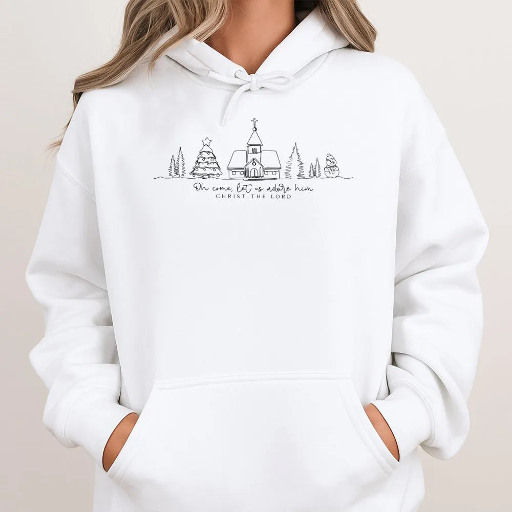 Minimalist Christian Christmas Hoodie, Oh Come Let Us Adore Him Hoodie, Line Art Faith Holiday Pullover, Nativity Religious C