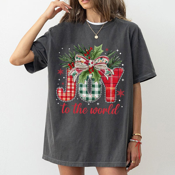 Plaid Festive Holiday Graphic Tee, Joy to the World Christmas T-Shirt, Christian Faith Xmas Shirt, Joyful Religious Holiday T