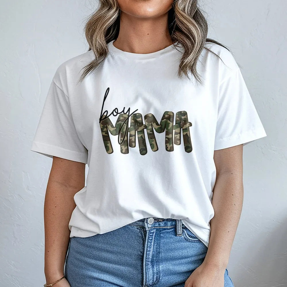 Boy Mama Graphic T-Shirt | Camo Lettering Print Design | 100% Soft Cotton | Trendy Mom Life Gift for Her