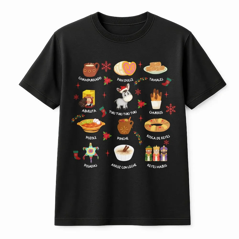Feliz Navidad Tamales and Traditions Graphic Tee, Mexican Christmas T-Shirt, Festive Latino Holiday Shirt, Hispanic Christmas