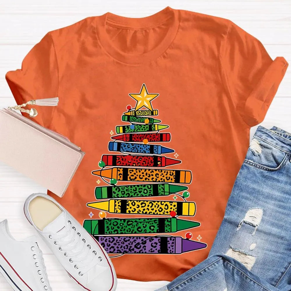 Art Teacher T-Shirt, Colored Pencils Leopard Christmas Tree Shirt, Holiday Graphic Tee, Festive Art Teacher Shirt, Christmas 