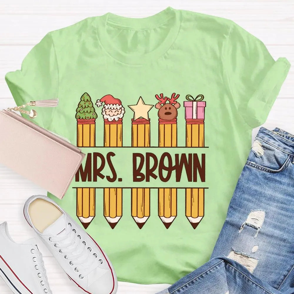 Custom Name Holiday Graphic Tee, Personalized Christmas Pencil Shirt, Adorable Teacher Christmas T-Shirt, Back to School Xmas