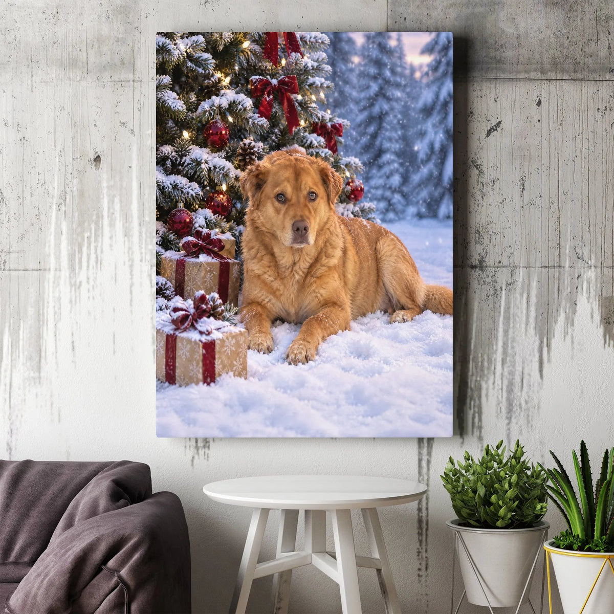 Holiday Dog Wall Art, Golden Retriever Christmas Canvas, Snowy Christmas Tree Dog Print, Festive Pet Lover Canvas Art, Winter