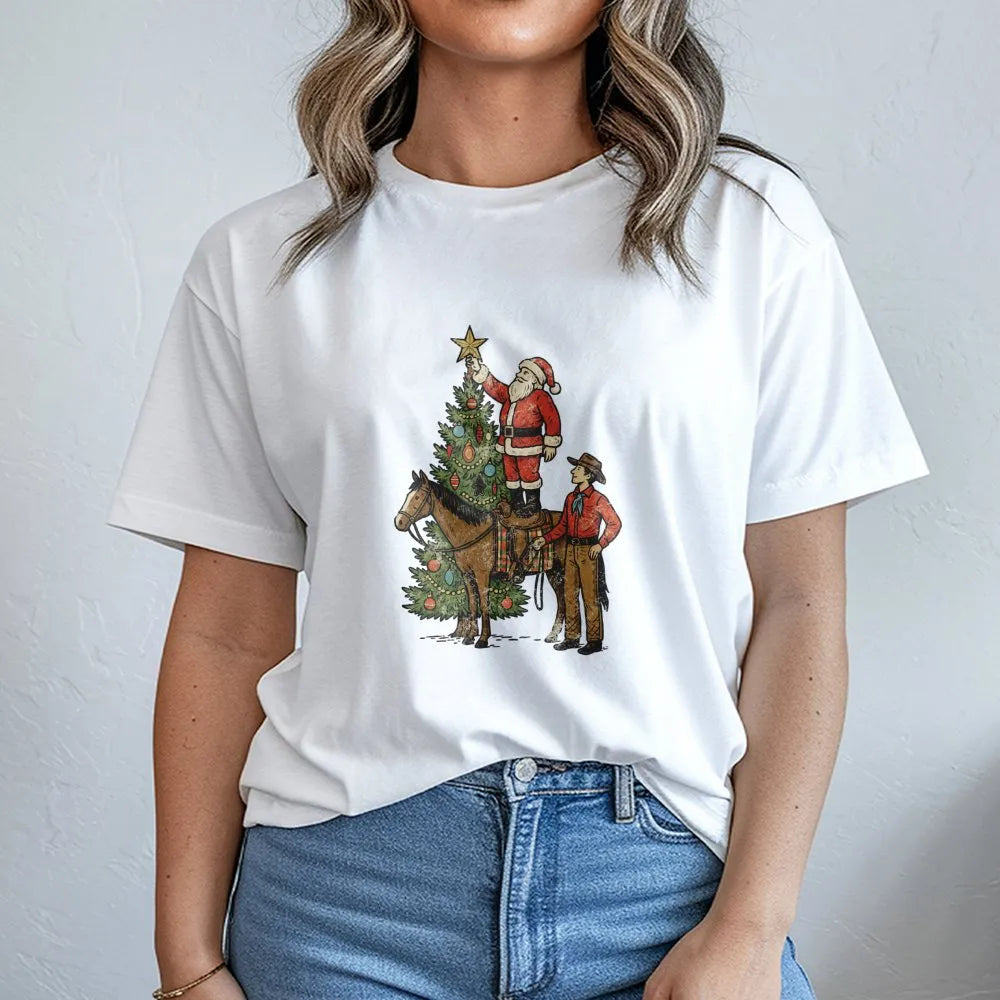 Country Rodeo Santa Riding Horse Tee, Western Christmas Cowboy Santa T-Shirt, Vintage Holiday Graphic Shirt, Cowgirl Christma
