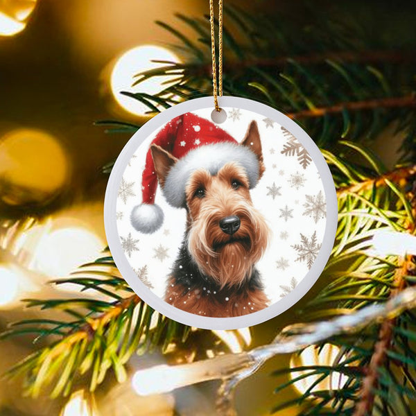 Santa Hat Dog Holiday Ornament, Welsh Terrier Christmas Ornament, Ceramic Welsh Terrier Keepsake Ornament, Dog Lover Xmas Tre