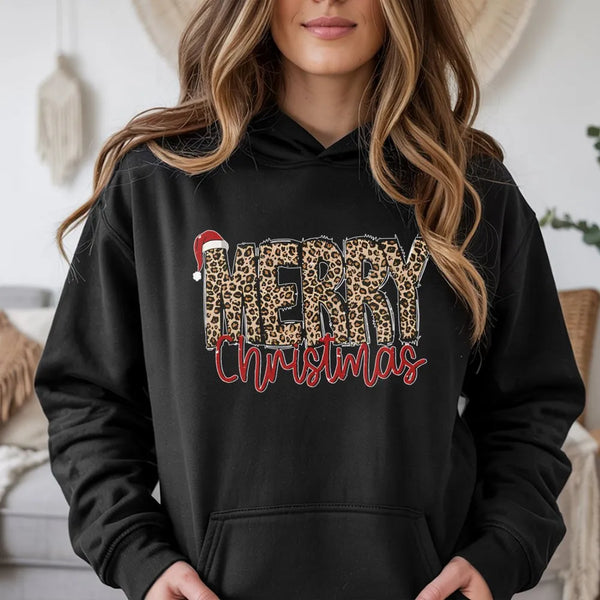 Festive Santa Hat Holiday Hoodie, Merry Christmas Leopard Print Hoodie, Adorable Animal Print Hooded Sweatshirt, Comfy Winter