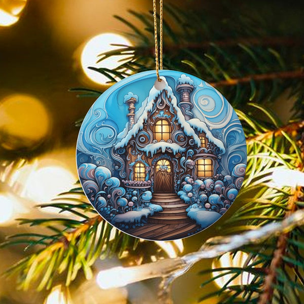 Winter Wonderland Cottage Ornament, Snowy Gingerbread House Ornament, Whimsical Gingerbread Christmas Ornament, Holiday Tree 
