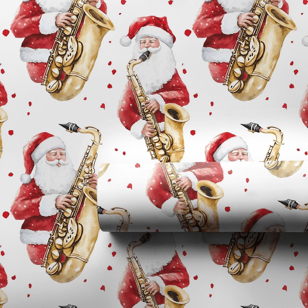 Jazz Christmas Gift Wrap, Saxophone Santa Wrapping Paper, Watercolor Santa Musician Holiday Wrapping Paper, Music Lover Gift 