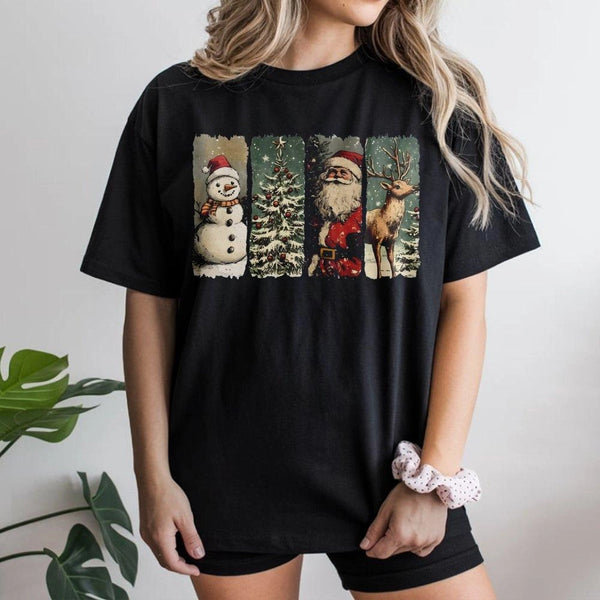 Retro Santa Snowman Reindeer Graphic Tee, Vintage Christmas T-Shirt, Nostalgic Holiday Party Shirt, Classic Family Xmas Vacat