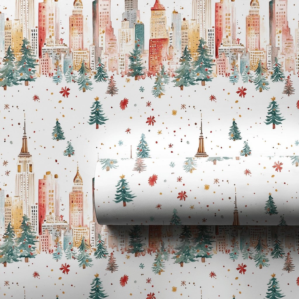 New York Holiday Gift Wrap, NYC Skyline Christmas Wrapping Paper, Watercolor Cityscape Wrapping Paper, Festive Winter Present