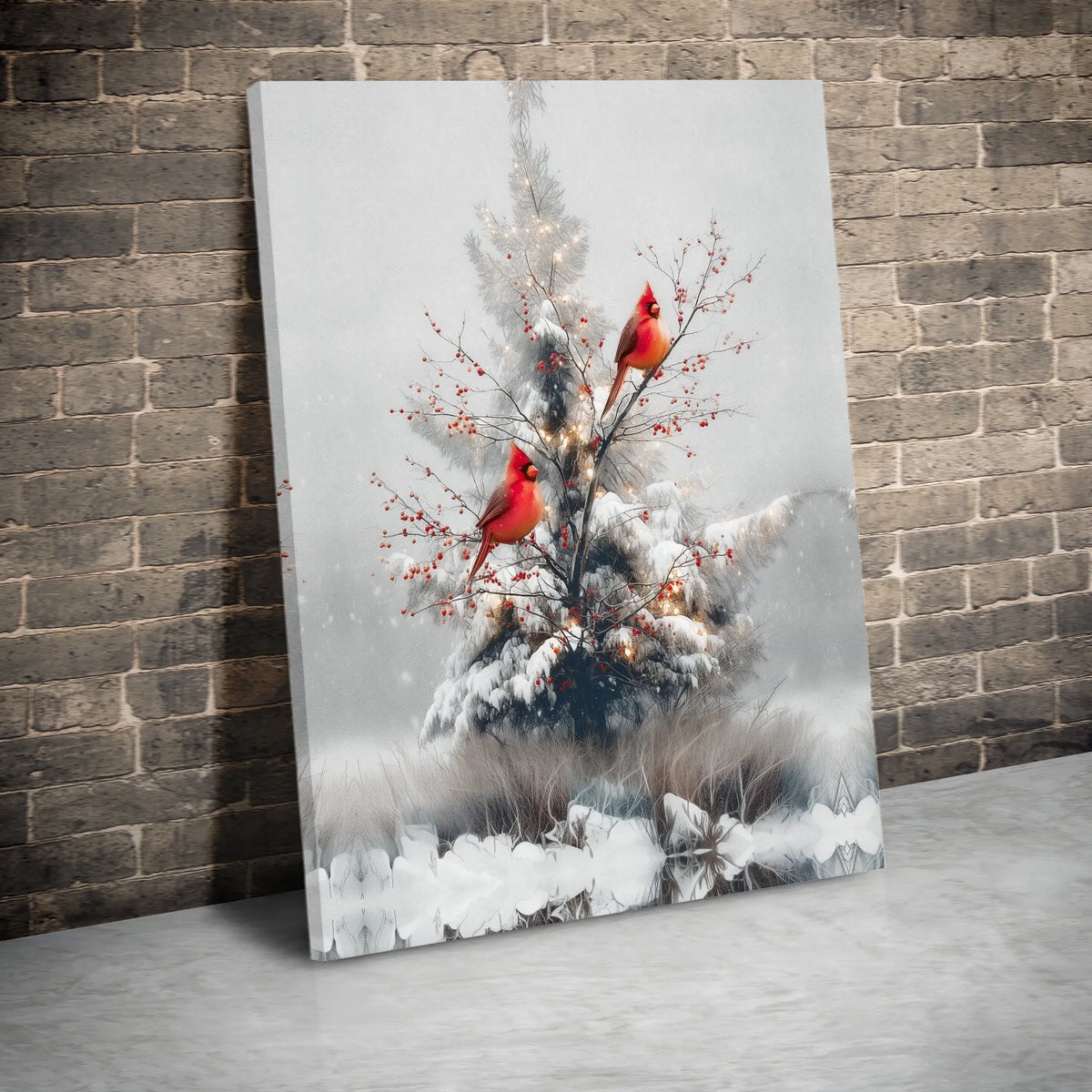 Snowy Winter Pine Branch Canvas Print, Red Cardinal Canvas Wall Art, Christmas Holiday Bird Decor, Rustic Nature Canvas Art P