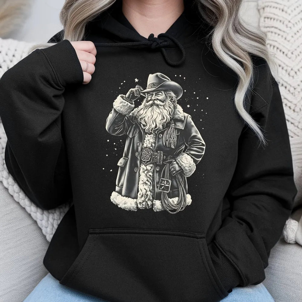 Western Christmas Lasso Hoodie, Cowboy Santa Hoodie, Retro Cowboy Christmas Sweatshirt, Country Santa Graphic Hooded Sweater,