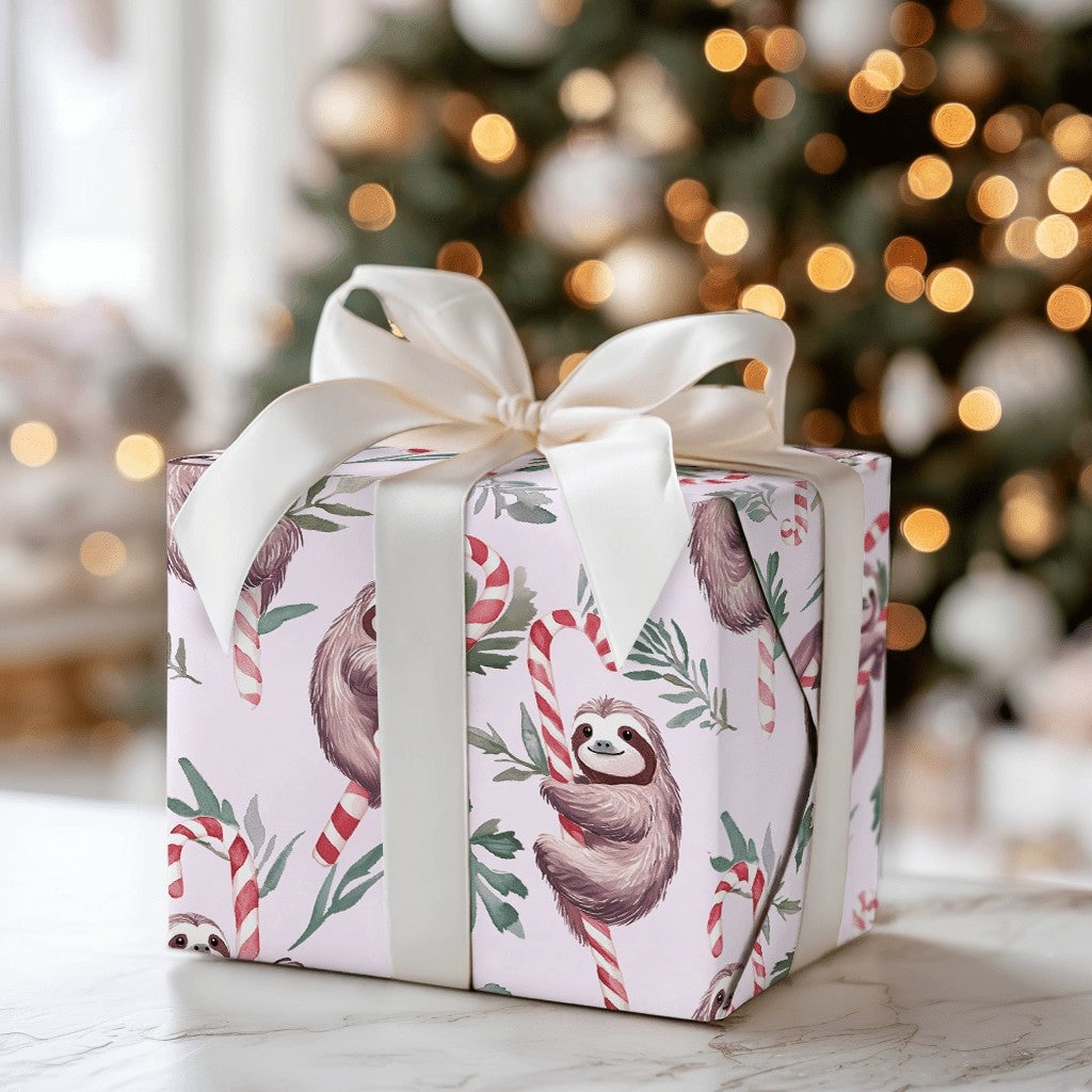 Candy Cane Sloth Gift Wrap, Christmas Sloth Wrapping Paper, Whimsical Holiday Wrapping Paper, Adorable Animal Christmas Gift 