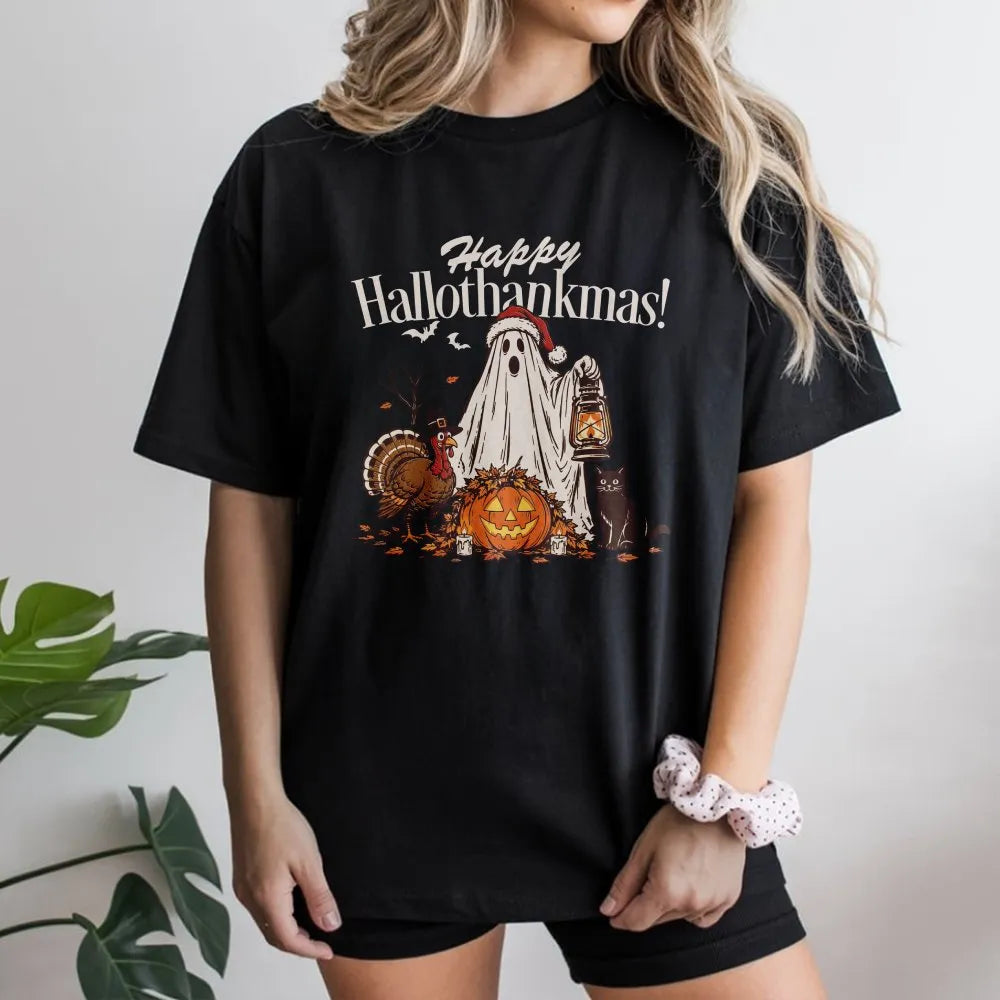 Ghost Santa Hat Thanksgiving Tee, Happy Hallothankmas Shirt, Hallothankmas Halloween Christmas Mashup T-Shirt, Turkey Pumpkin