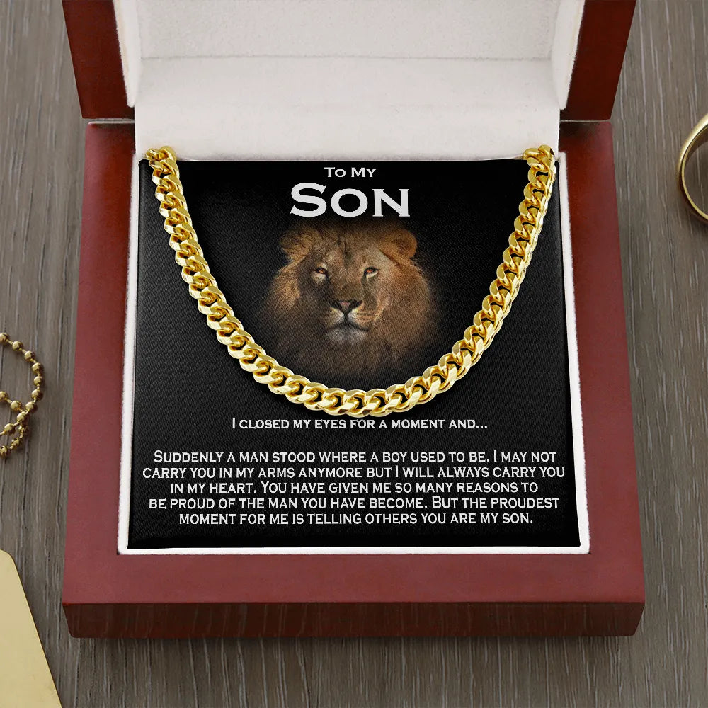 Lion Message Card Cuban Link Chain, To My Son Cuban Link Necklace, Son Cuban Link Necklace, Stainless Steel Jewelry, Christma