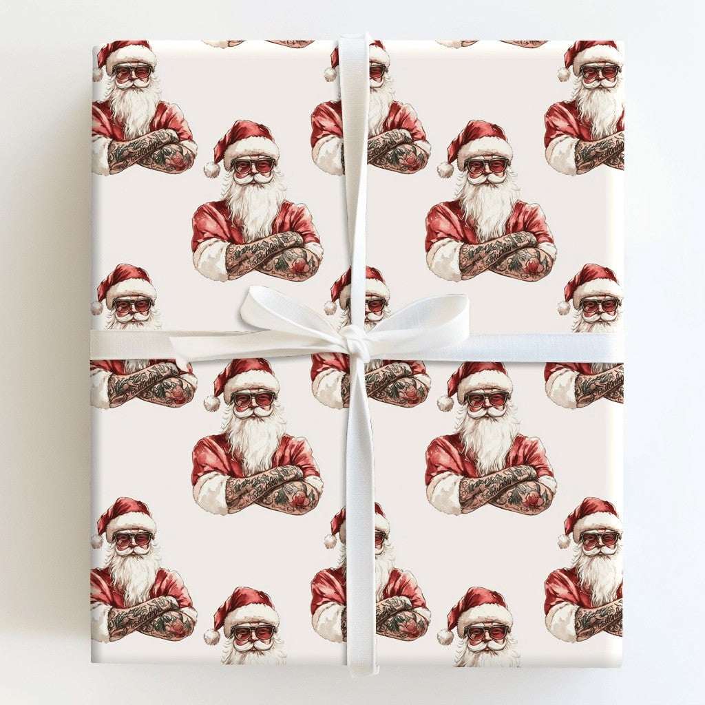 Tattooed Santa Christmas Wrapping Paper, Cool Sunglasses Santa Wrapping Paper, Edgy Holiday Gift Wrap, Fun Xmas Gift Wrapping