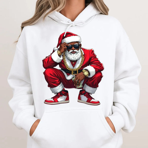 Hip Hop Streetwear Christmas Hoodie, Black Santa Hoodie, Humorous Retro Santa Hooded Sweatshirt, Urban Holiday Graphic Pullov