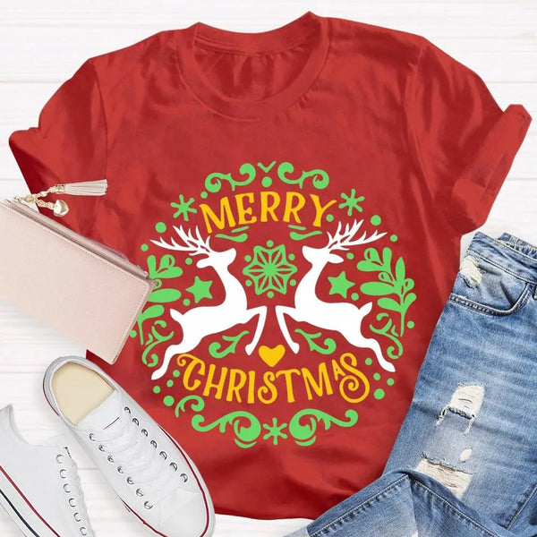 Festive Reindeer Holiday Graphic Tee, Christmas Elk T-Shirt, Winter Deer Shirt, Adorable Merry Christmas Animal T-Shirt, Xmas