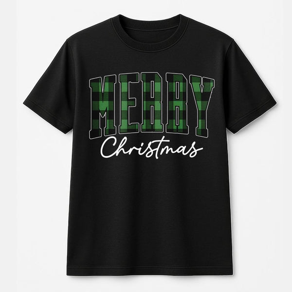 Green Buffalo Plaid Holiday Shirt, Merry Christmas T-Shirt, Retro Varsity Lettering Graphic Tee, Festive Winter T-Shirt, Fami