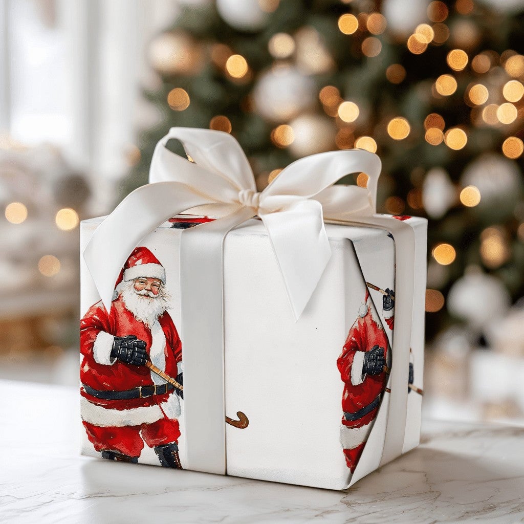 Sports Christmas Gift Wrap, Hockey Santa Wrapping Paper, Humorous Santa Claus Wrapping Paper, Ice Hockey Fan Holiday Gift Wra