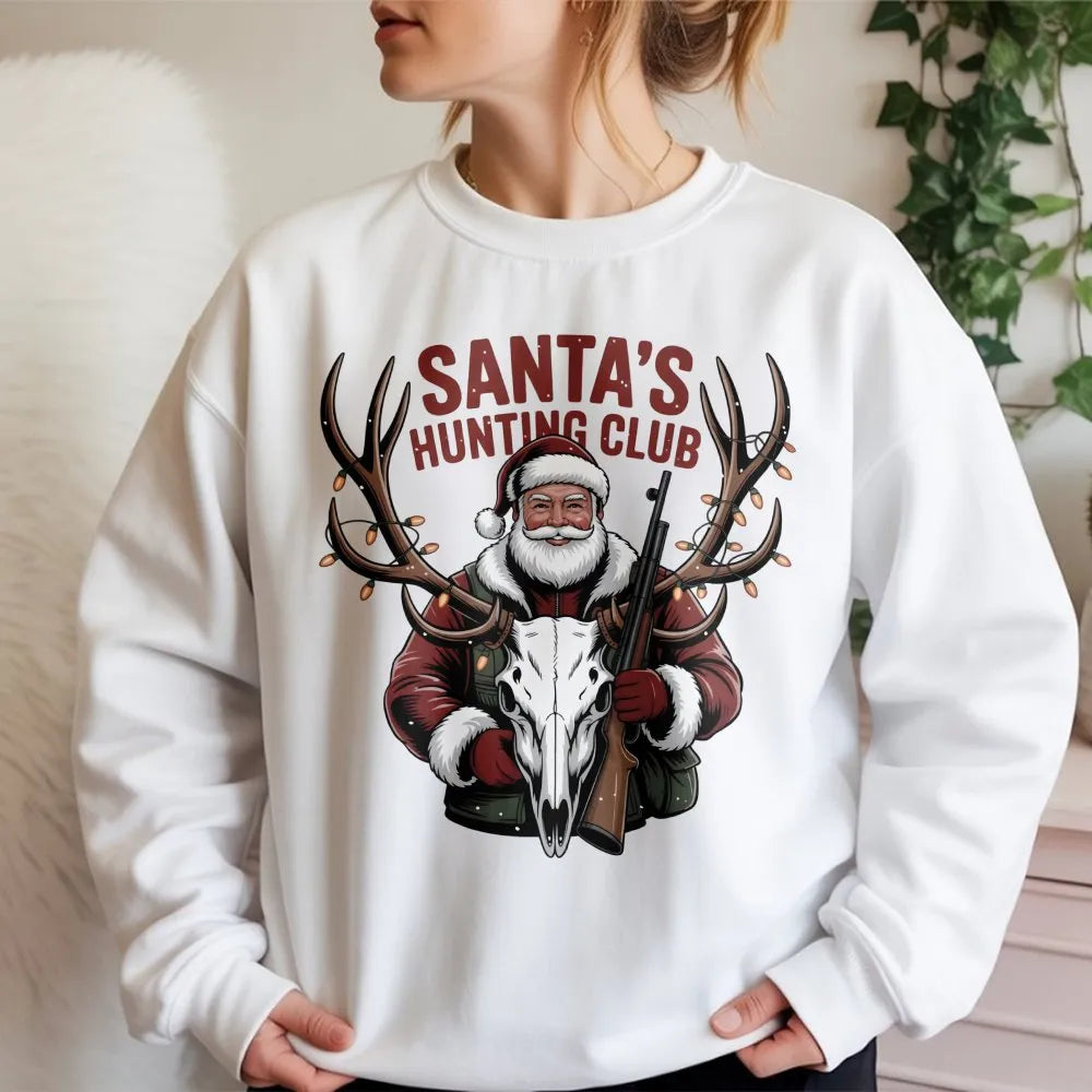 Humorous Christmas Deer Hunter Sweatshirt, Santa's Hunting Club Sweatshirt, Outdoor Holiday Graphic Crewneck