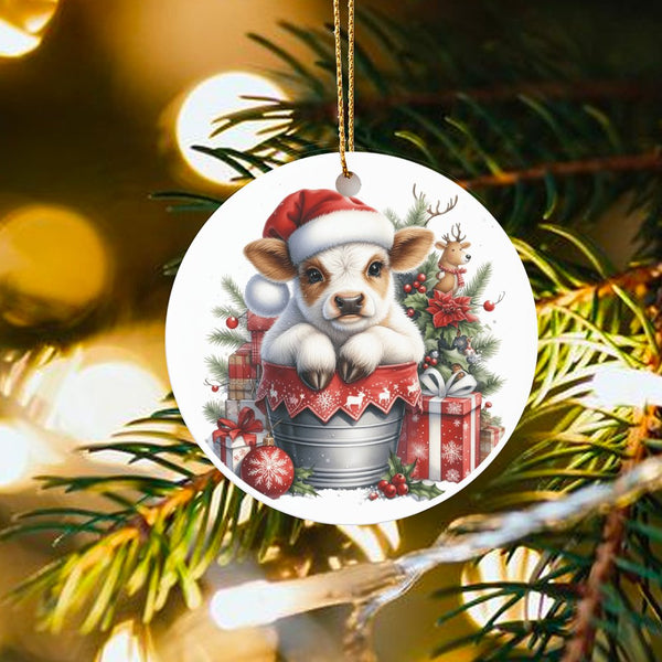 Adorable Calf in Santa Hat Ceramic Ornament, Baby Cow Christmas Ornament, Farmhouse Animal Holiday Ornament, Tree Decor Prese