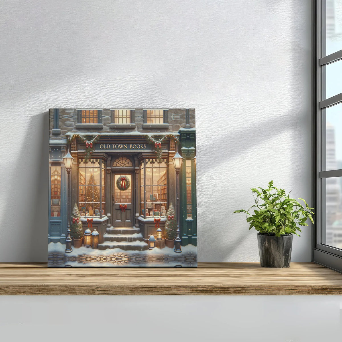 Snowy Winter Village Bookshop Painting Print, Christmas Bookstore Square Canvas Art, Comfy Holiday Book Lover Canvas Wall Art