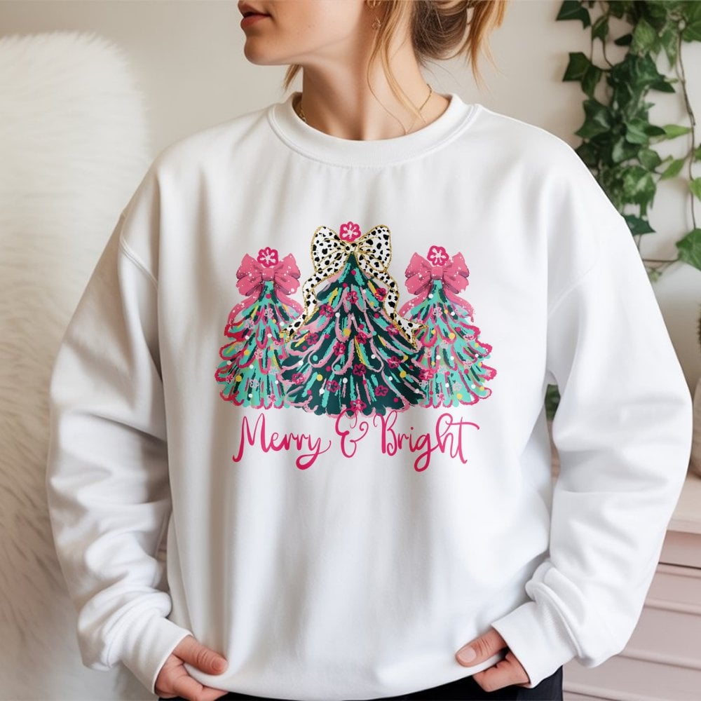 Leopard Print Tree Sweatshirt, Merry and Bright Christmas Sweatshirt, Colorful Holiday Crewneck, Festive Winter Pullover, Xma