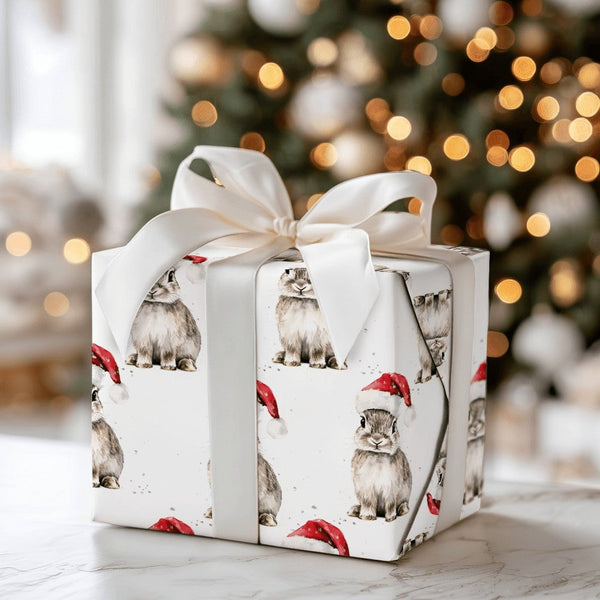 Adorable Watercolor Rabbit Gift Wrap, Santa Hat Bunny Christmas Wrapping Paper, Festive Animal Lover Wrapping Paper, Holiday 