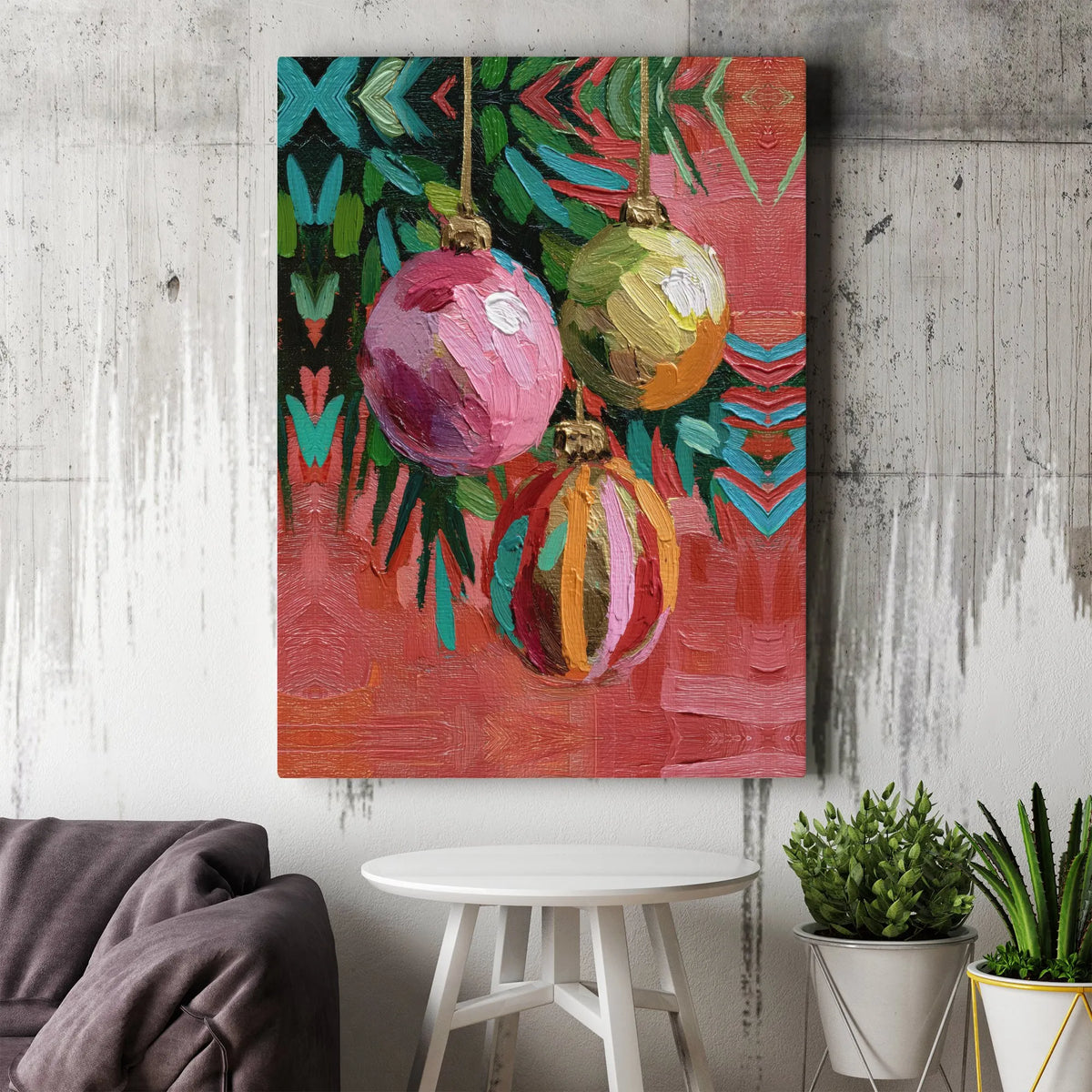 Holiday Ornament Canvas Print, Christmas Ornament Wall Art, Impressionist Christmas Canvas Art, Festive Wall Decor, Winter Se