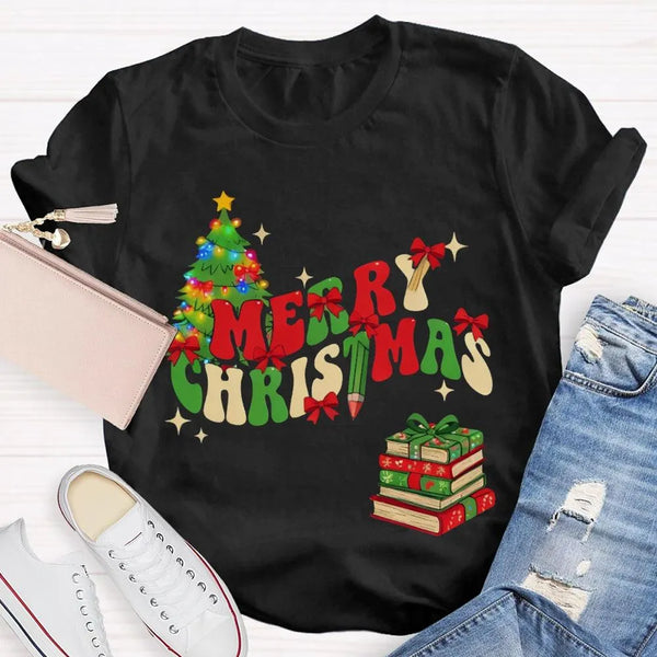 Festive Holiday Reading Graphic Tee, Christmas Tree Books T-Shirt, Adorable Book Lover Xmas Shirt, Librarian Holiday Present