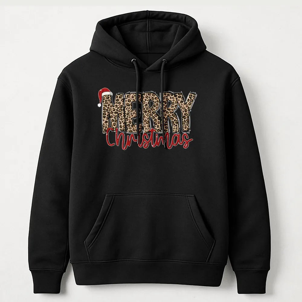 Festive Santa Hat Holiday Hoodie, Merry Christmas Leopard Print Hoodie, Adorable Animal Print Hooded Sweatshirt, Comfy Winter