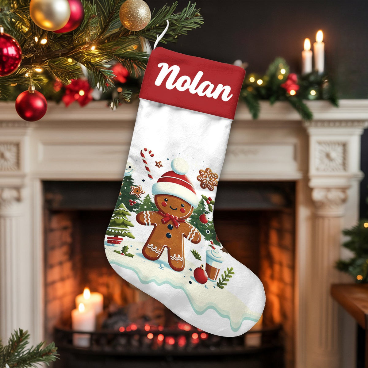 Custom Name Gingerbread Holiday Stocking, Personalized Gingerbread Christmas Stocking, Adorable Xmas Cookie Stocking, Kids Fa